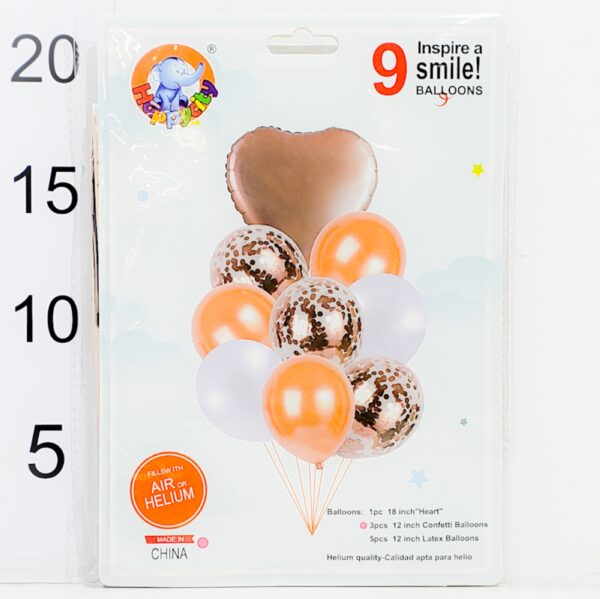 Set 9 Globos (1 Corazón, 3 Confetti, 5 Lisos) - Rosa Viejo