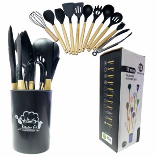 Set De Utensilios De Cocina X12pcs Silicona Y Mango Madera