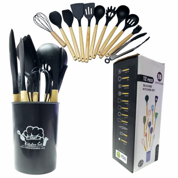 Set De Utensilios De Cocina X12pcs Silicona Y Mango Madera