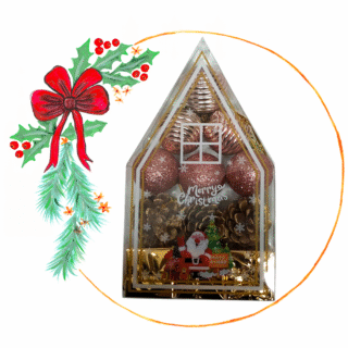 Globo y paquetito y piña de pino en caja casita x12